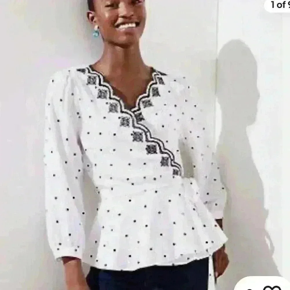 Ann Taylor Loft Polka Dot White Scalloped Trim Wrap Blouse